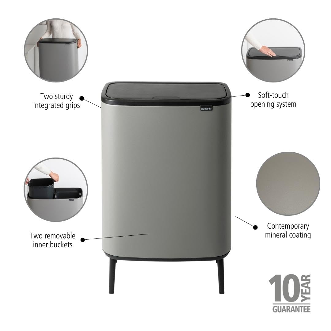 Brabantia Bo Hi Touch Top Trash Can - 2 X 8 Gal Inner Buckets (Mineral Concrete Gray) Waste/Recycling Garbage Can, Removable Com